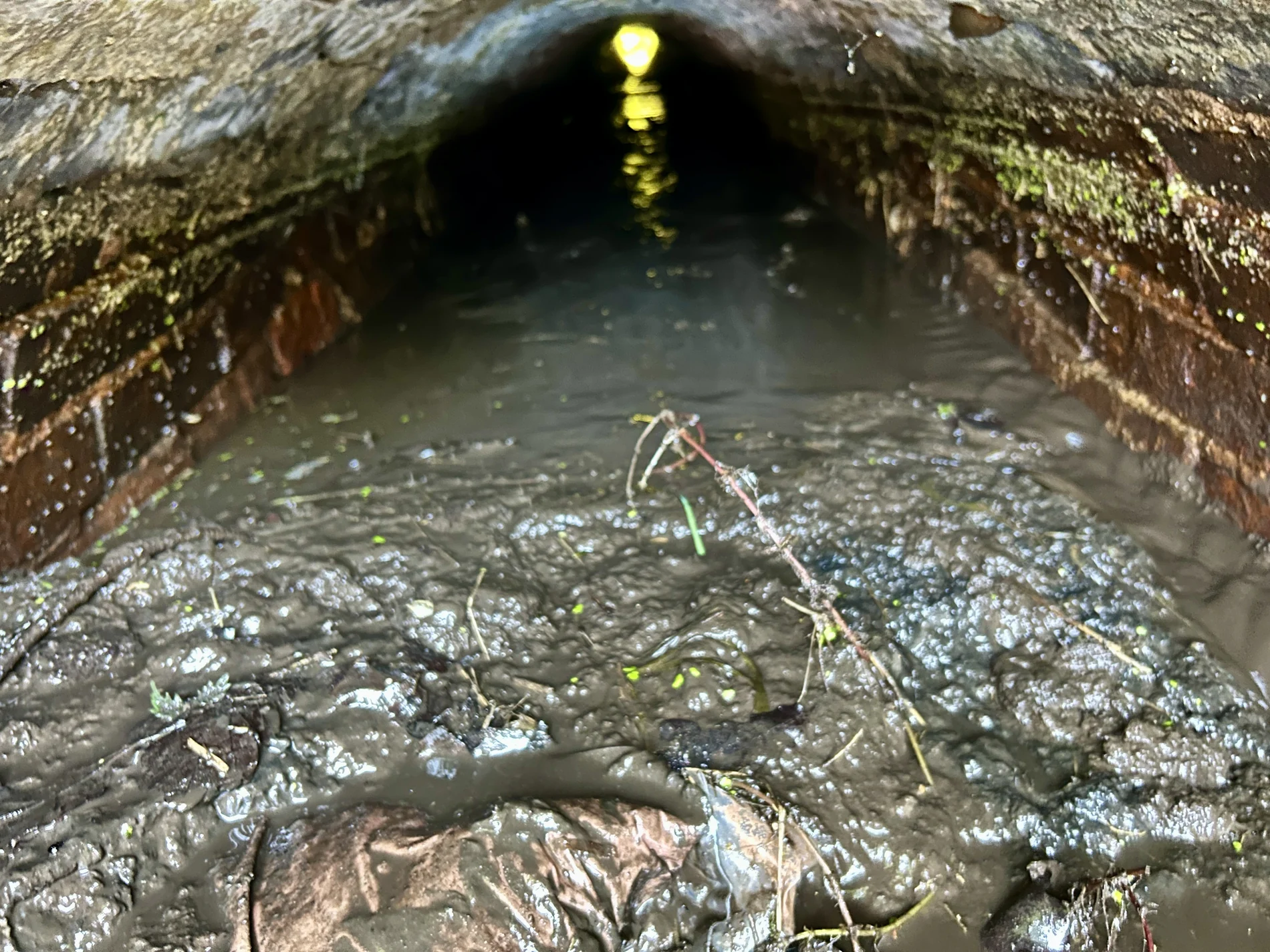 Brick culvert obstructed by accumulated silt and debris before cleaning